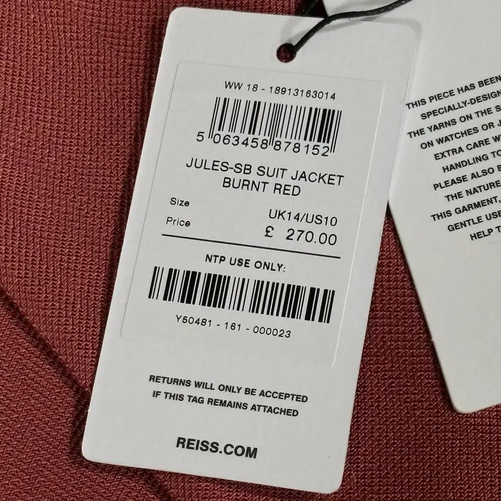 Reiss Blazer Womens 10 Red Jules-SB Suit Jacket Burnt Red Lined Notch Lapel